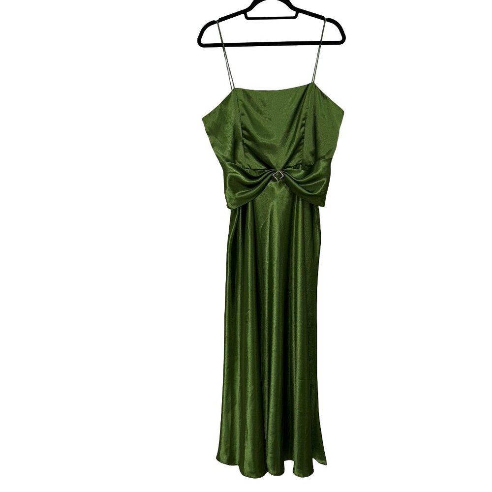 Dressbarn Elegant Satin Shiny Olive Green Maxi Spaghetti Strap Dress Sz 14 NWT